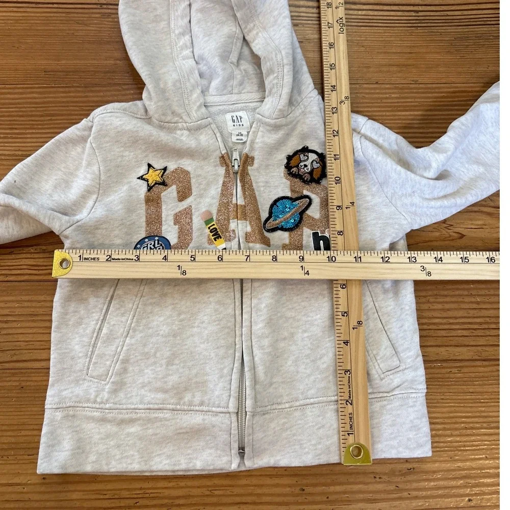 Gap Hoodie Kids Oatmeal Good Glitter Patches‎ Zip Up Sweatshirt SIZE XS 4-5
